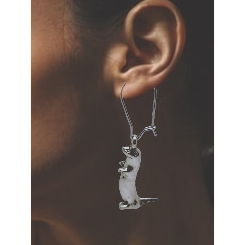 Silvertone Otters on Stainless Steel drop dangle Earrings - Picture 4 of 5